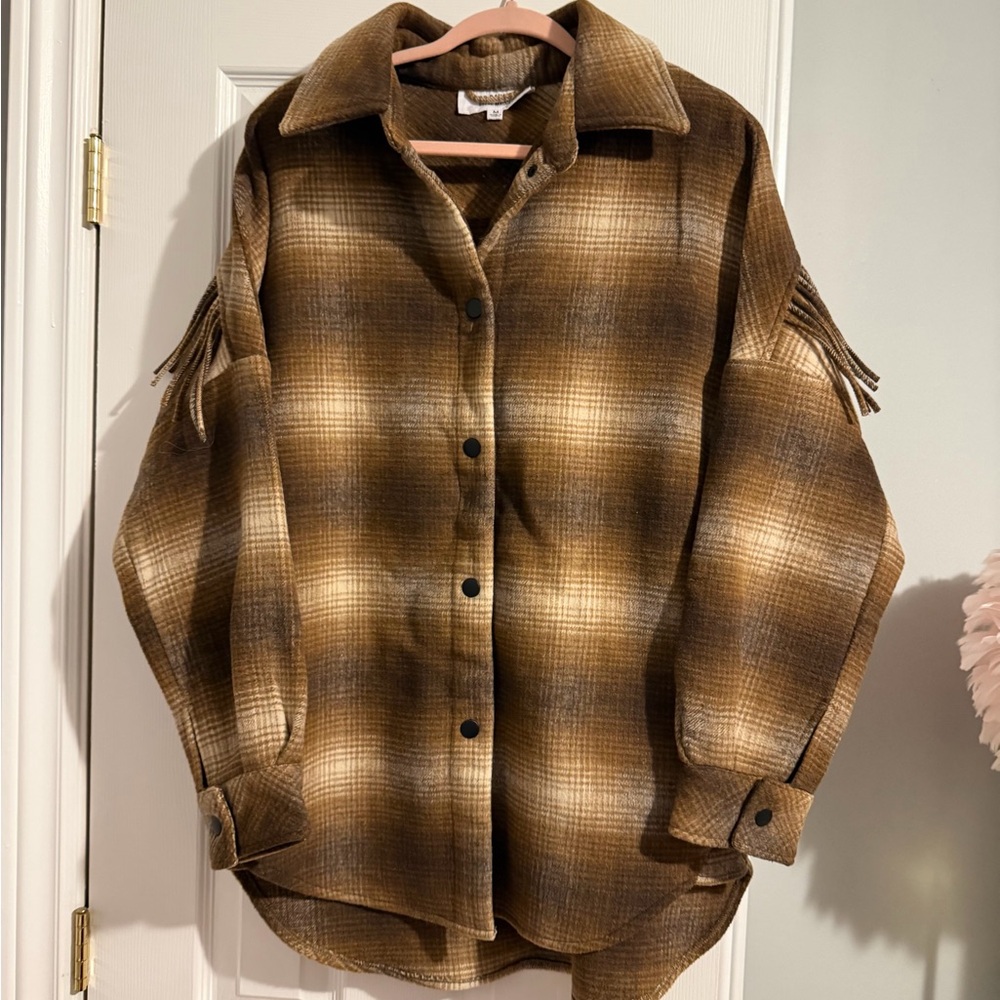 NWOT! BB Dakota Fringe Brown Plaid Button-Up Jacket